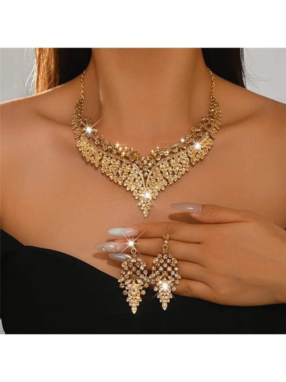 Gold Necklace Set Gold Rhinestone Earrings Statement Wedding Bridal Formal Dress